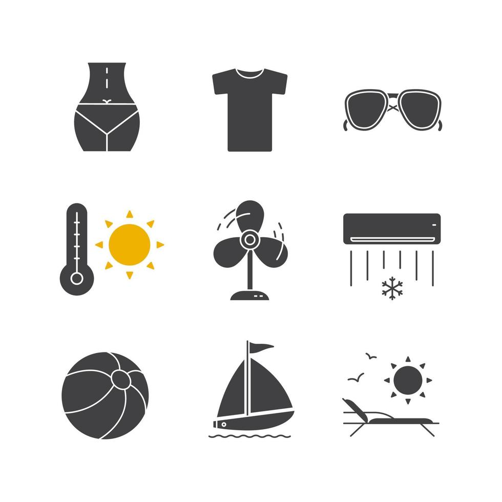 conjunto de iconos de glifo de verano. símbolos de silueta de vacaciones. body de mujer, camiseta, lentes de sol, calor de verano, ventilador, aire acondicionado, pelota de playa, hamaca, velero. vector ilustración aislada