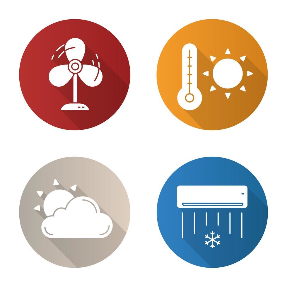 Conjunto de iconos de larga sombra de diseño plano de clima de verano. ventilador, sol detrás de una nube, aire acondicionado, temperatura cálida en verano. ilustración de silueta de vector