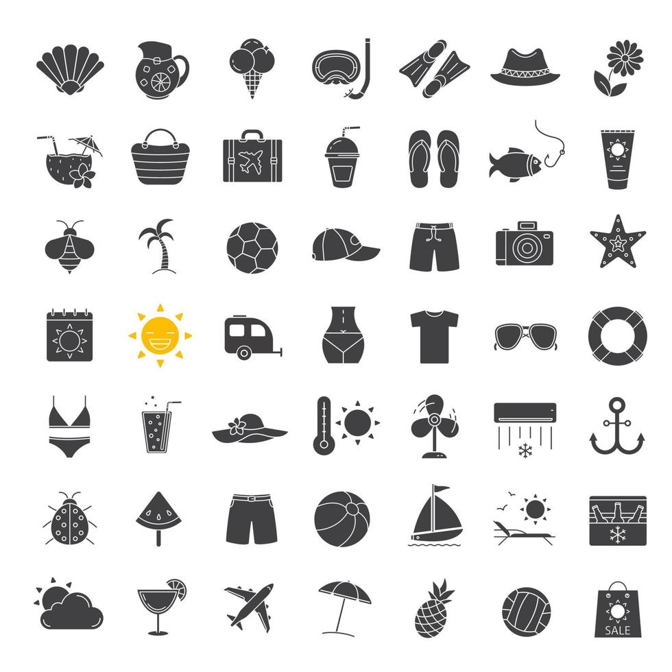 Summer glyph icons set. Vacation and travel silhouette symbols. Summer season pastime. Sailing, fishing, sunbathing, cycling, swimming, beach rest. Vector isolated illustration