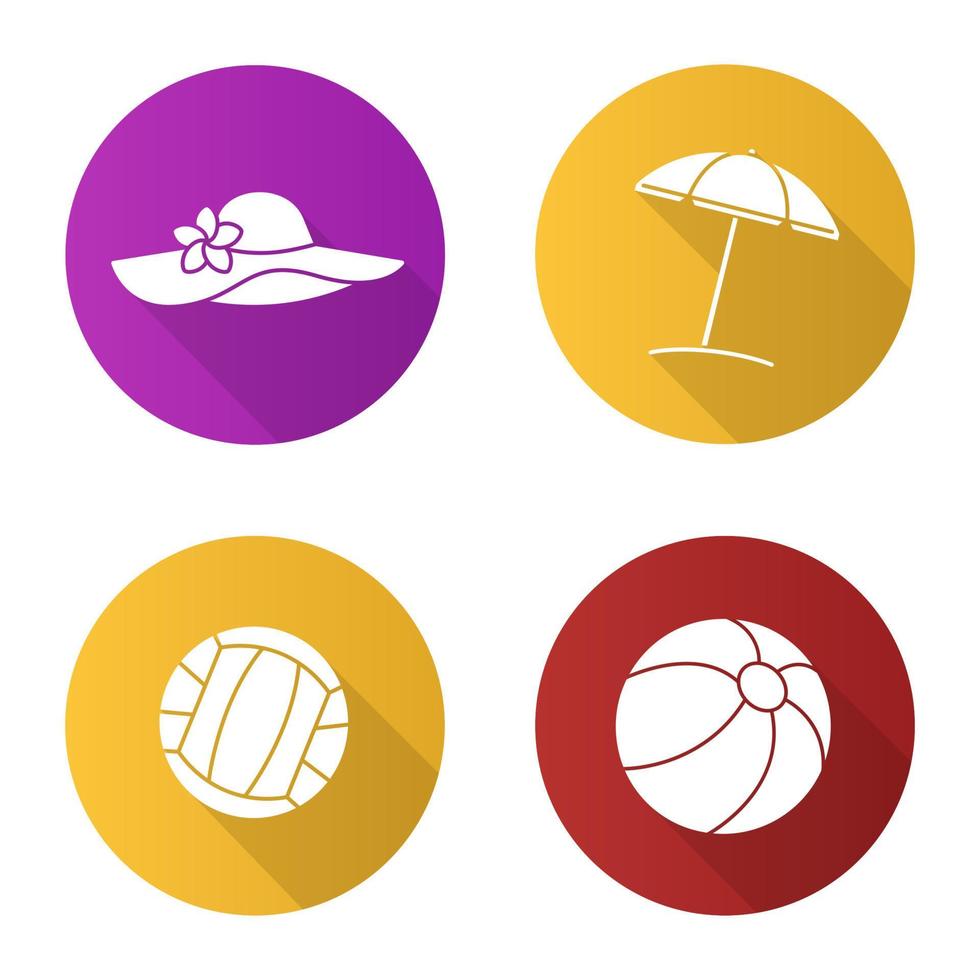 conjunto de iconos de larga sombra de diseño plano de verano. vacaciones de verano. pelotas de voleibol y playa, sombrilla, gorro de mujer. ilustración de silueta de vector