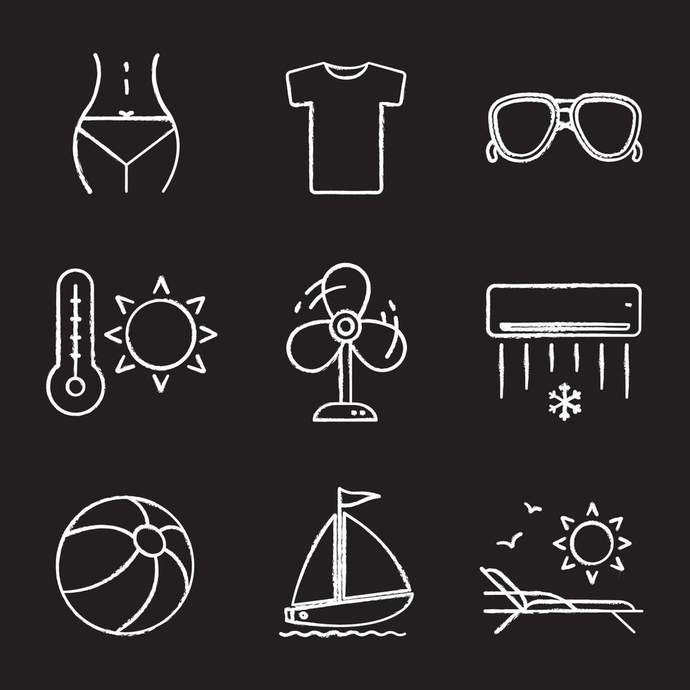 Summer chalk icons set. Woman's body, t-shirt, sunglasses, summer heat, fan, air conditioner, beach ball, sunbed, sailboat. Isolated vector chalkboard illustrations