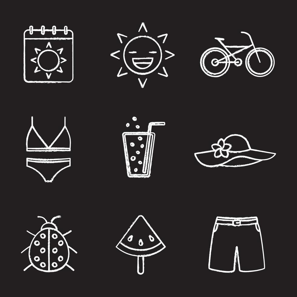 Summer chalk icons set. Calendar, sun, bike, swimsuit and beach hat, lemonade, ladybug, watermelon on stick, swimming trunks. Isolated vector chalkboard illustrations