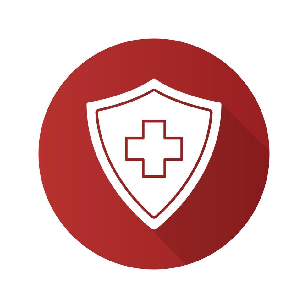 icono de la larga sombra de diseño plano de seguro médico. Escudo de seguridad con cruz médica. póliza de seguros. símbolo de silueta vectorial vector