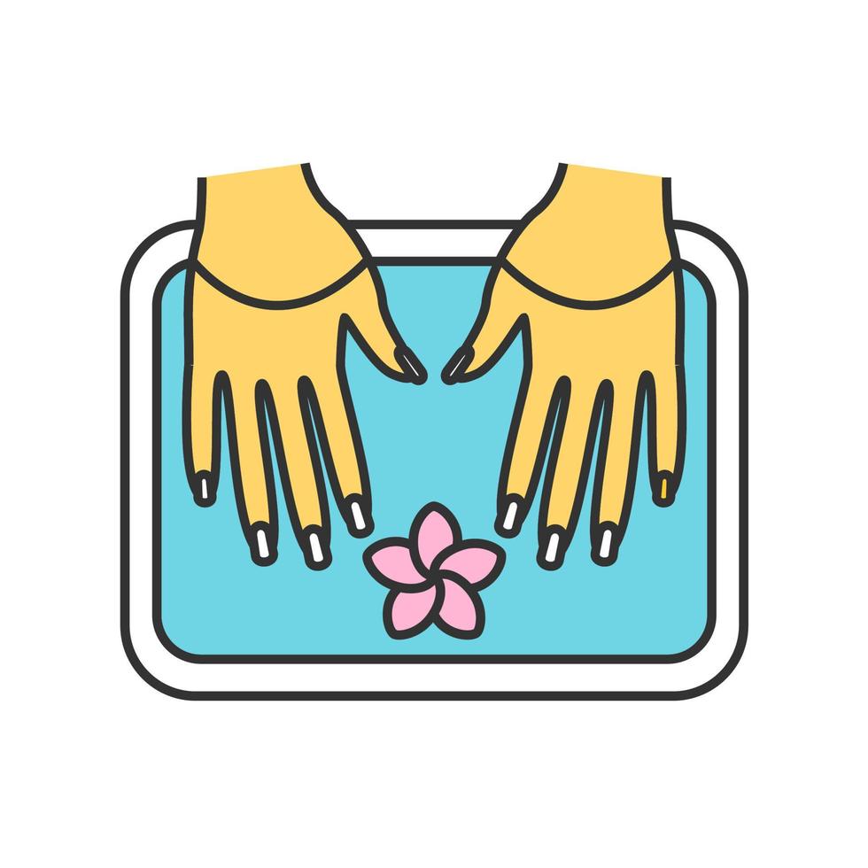 icono de color de baño de uñas de salón de spa. manos de mujer en un tazón con flor de plumeria. ilustración vectorial aislada vector