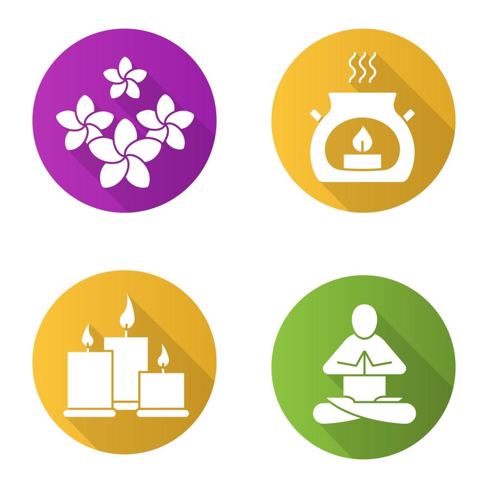 Conjunto de iconos de larga sombra de diseño plano de salón de spa. velas de aromaterapia, clase de yoga, flores de plumeria. ilustración de silueta de vector