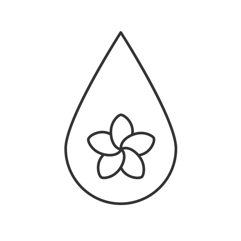 Aromatherapy oil drop linear icon. Thin line illustration. Spa salon oil drop with plumeria flower inside. Contour symbol. Vector isolated outline drawing