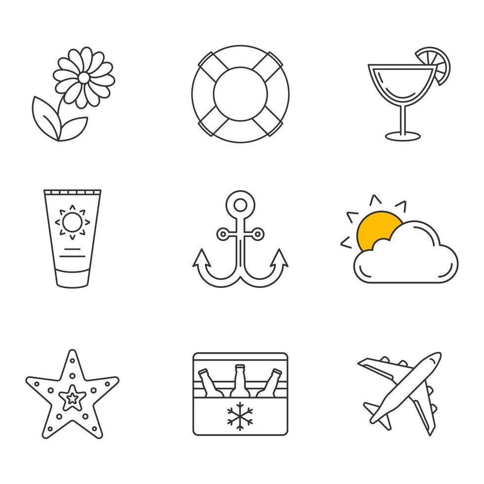 conjunto de iconos lineales de verano. flor, sol y nube, salvavidas, crema para tomar el sol, avión, ancla, estrella de mar, venta de verano, nevera portátil con símbolos de contorno de línea fina de cerveza. ilustraciones vectoriales aisladas vector