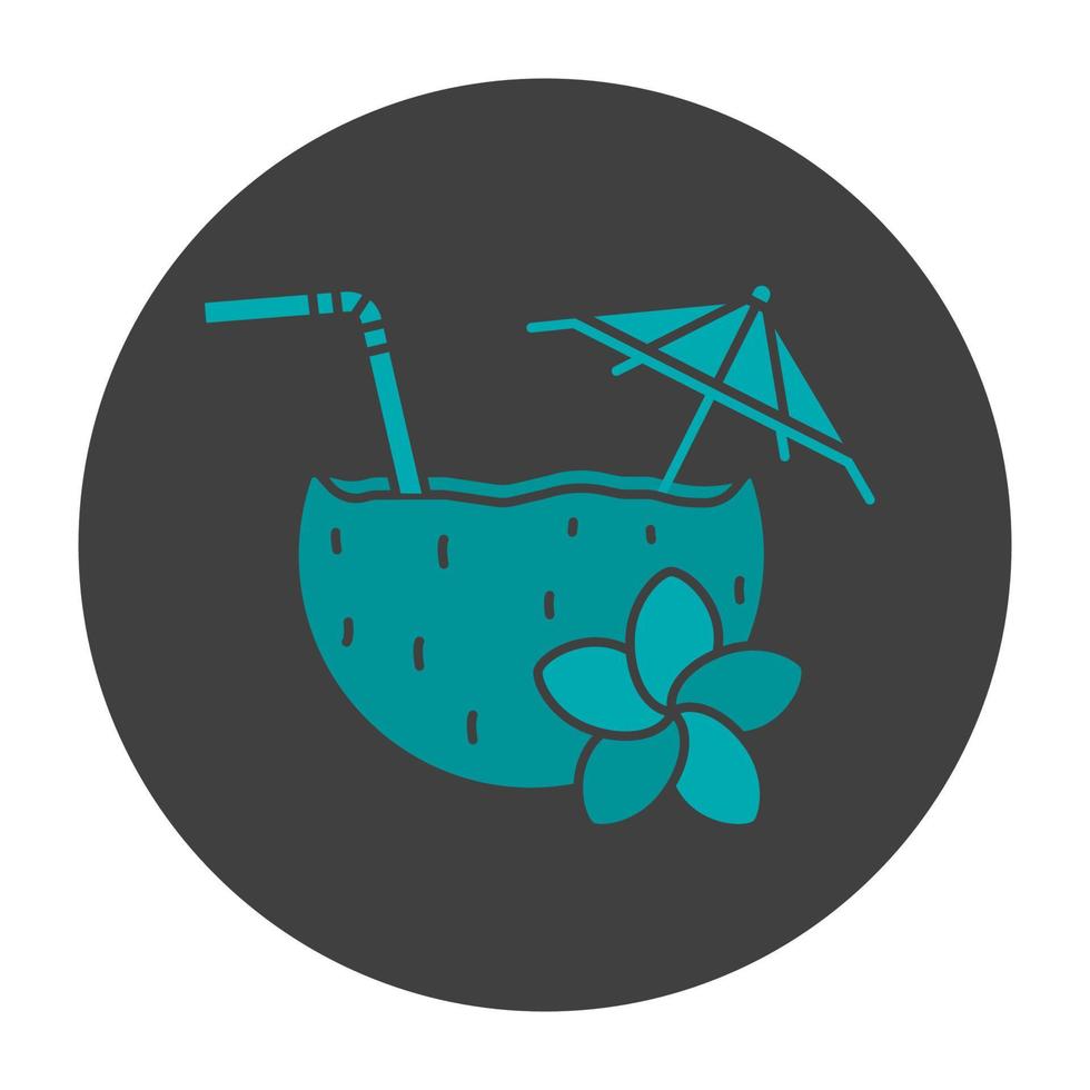 Beach cocktail glyph color icon. Pina colada cocktail with straw, umbrella and plumeria flower. Silhouette symbol on black background. Negative space. Vector illustration