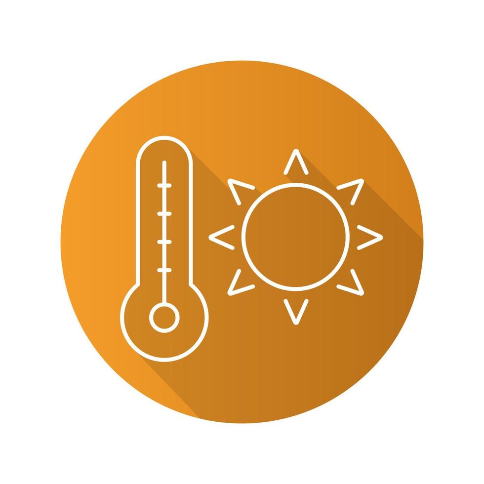 Summer heat flat linear long shadow icon. Rising sun with thermometer. Summer weather. Vector line symbol