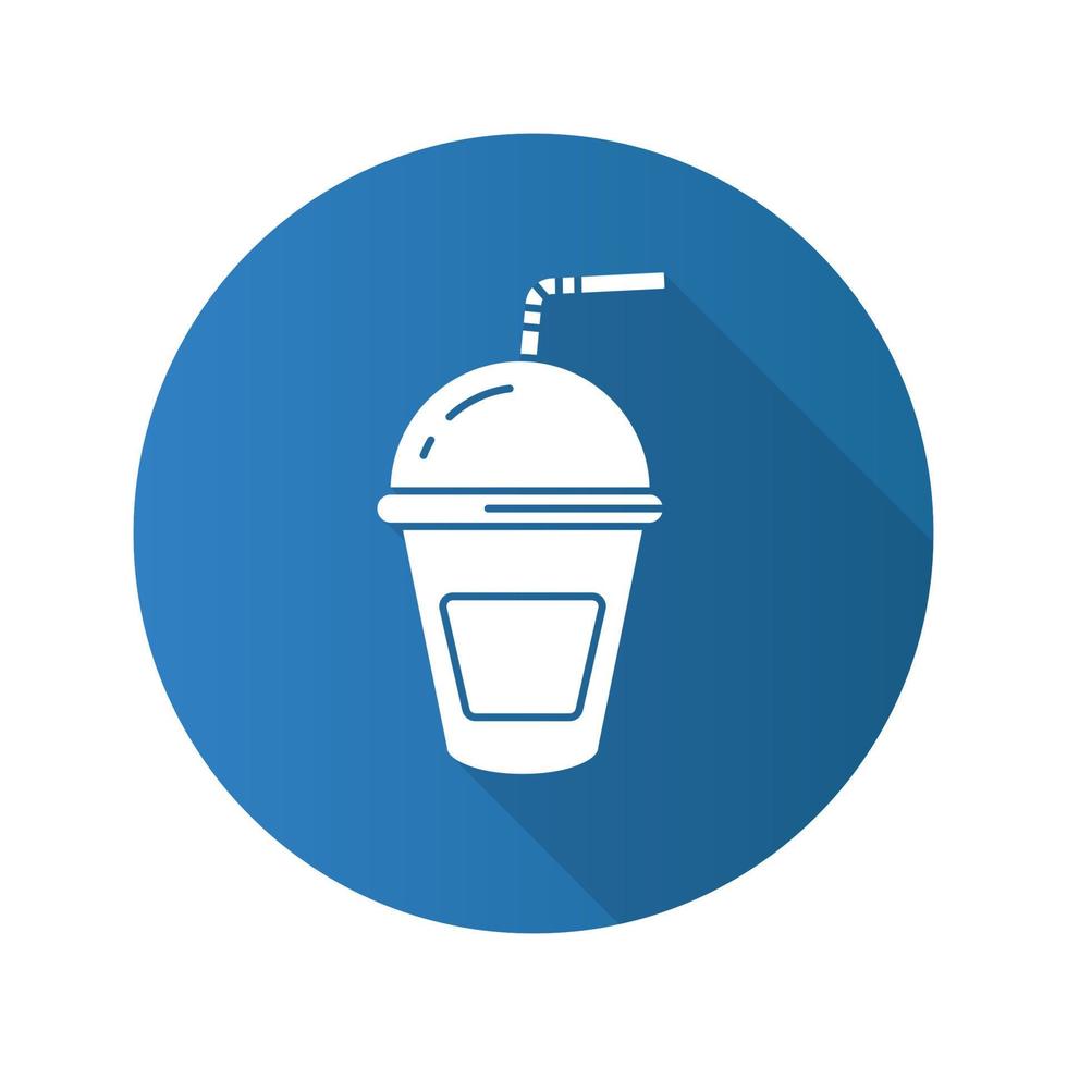 Refreshing soda drink. Flat design long shadow icon. Lemonade paper cup with straw. Vector silhouette symbol