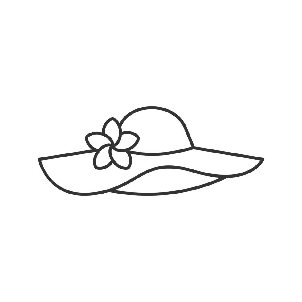 Women's beach hat with flower linear icon. Thin line illustration. Contour symbol. Vector isolated outline drawing