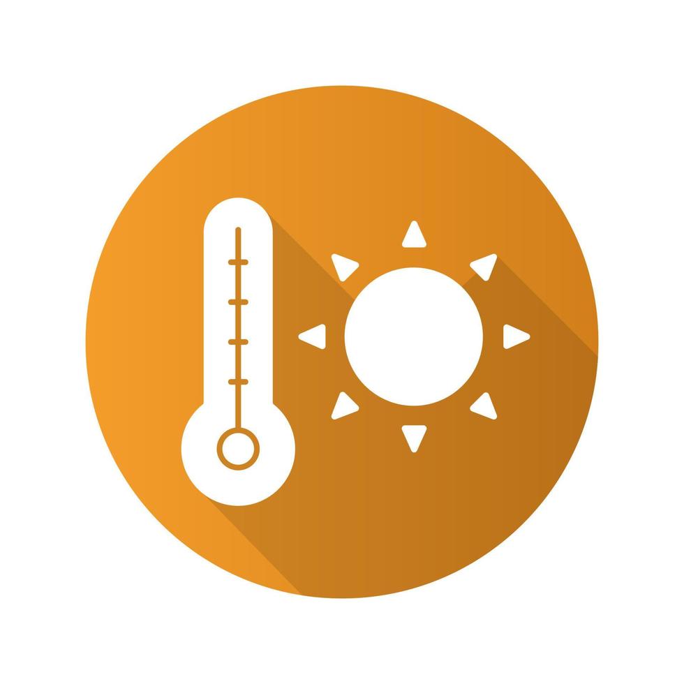 Summer heat flat design long shadow icon. Rising sun with thermometer. Summer weather. Vector silhouette symbol