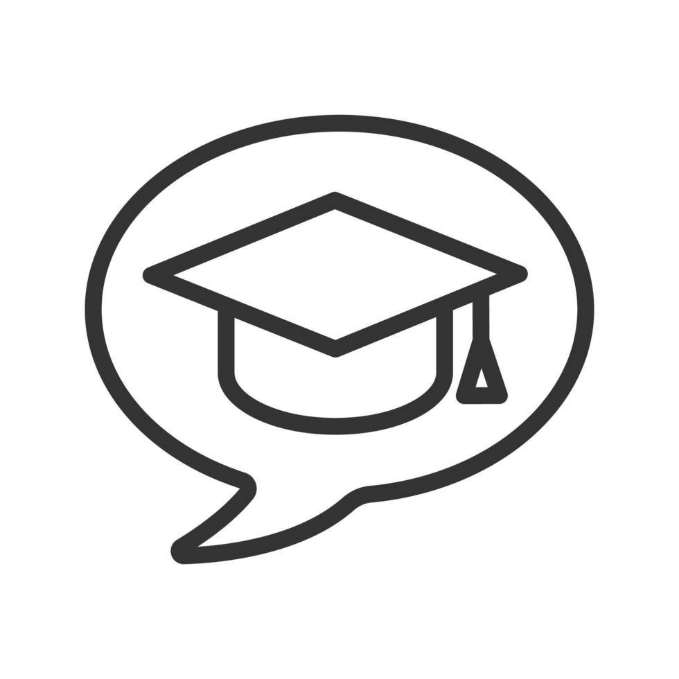 Conversation about studying linear icon. Let's talk about education. Thin line illustration. Chat box with student's graduation cap contour symbol. Vector isolated outline drawing