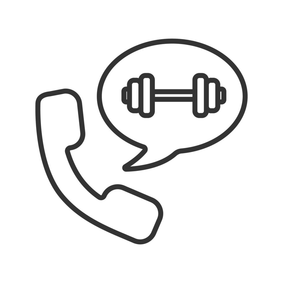 llamada telefónica al icono lineal de gimnasio. Ilustración de línea fina. entrenador personal. auricular con símbolo de contorno de barra. dibujo de contorno aislado vectorial vector