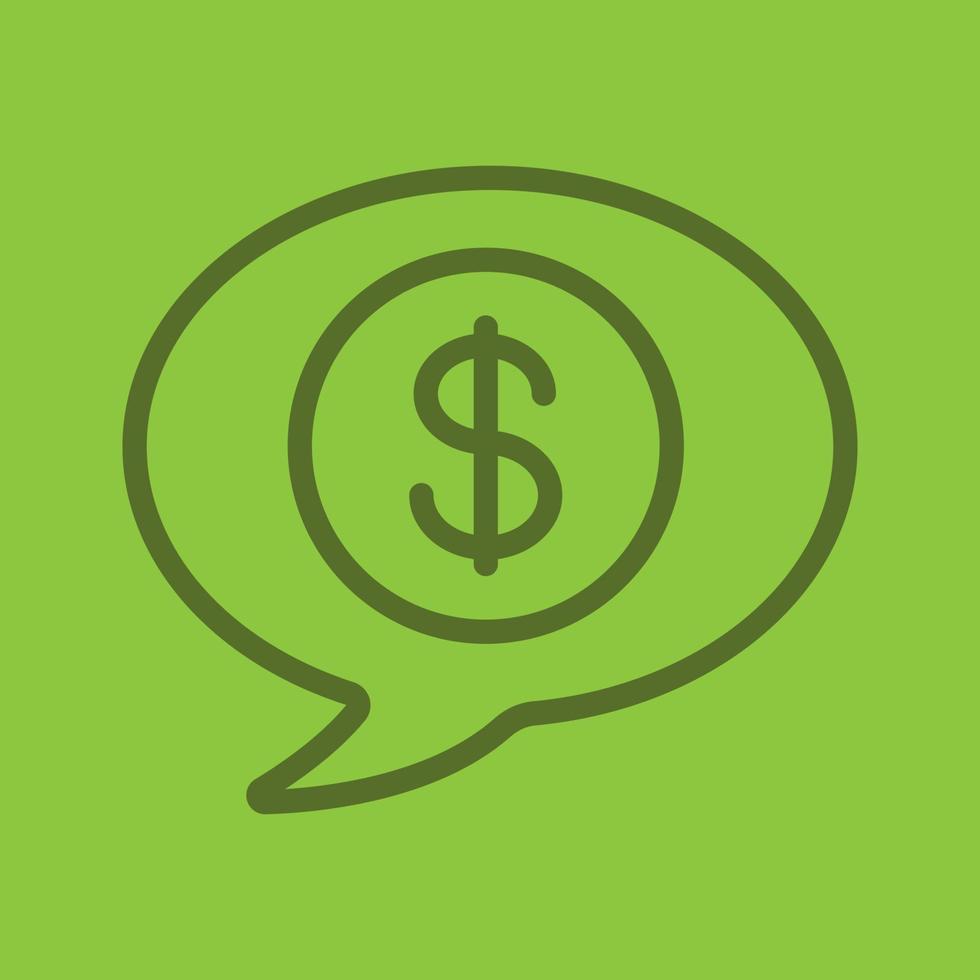 Money talk color linear icon. Chat box with dollar coin inside. Business conversation. Thin line contour symbols on color background. Vector illustration