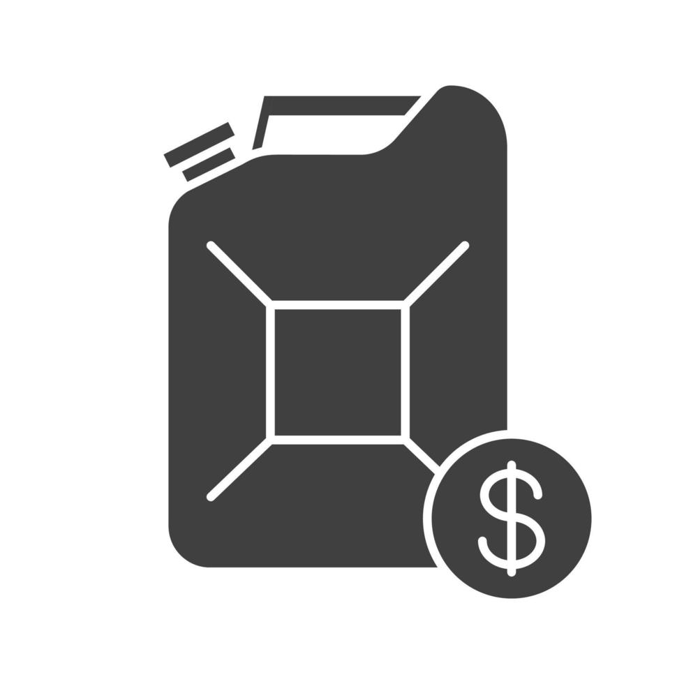 Petrol trade glyph icon. Silhouette symbol. Gas station. Petroleum jerrycan with dollar sign. Negative space. Vector isolated illustration