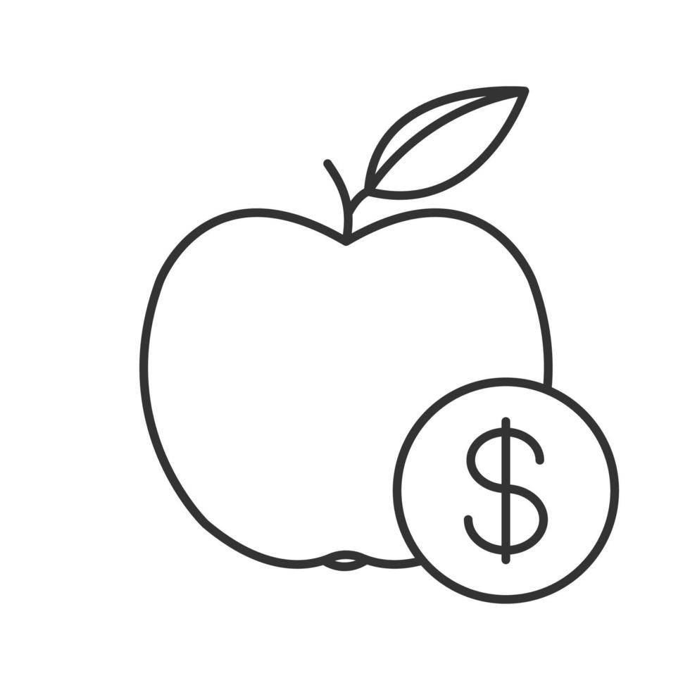 icono lineal de precio de fruta. Ilustración de línea fina. manzana con símbolo de contorno de signo de dólar. dibujo de contorno aislado vectorial vector
