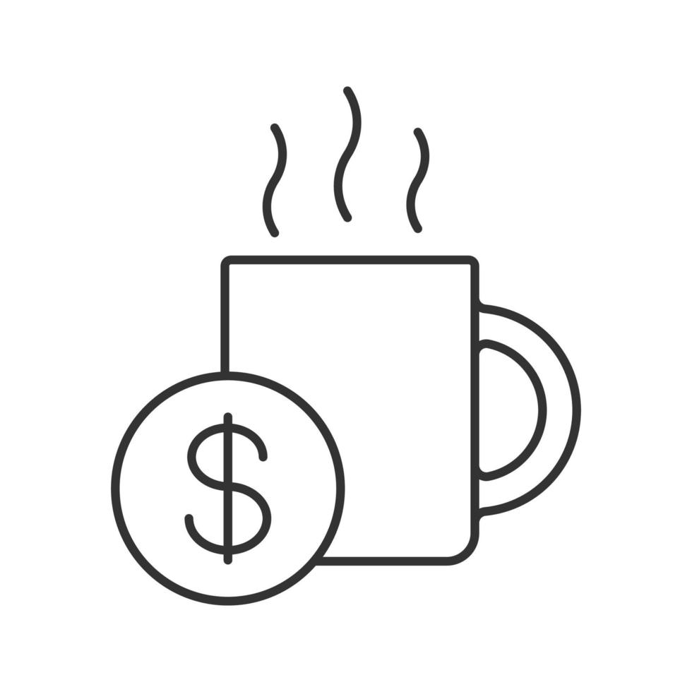 Buy cup of tea linear icon. Thin line illustration. Hot steaming mug with dollar sign contour symbol. Vector isolated outline drawing