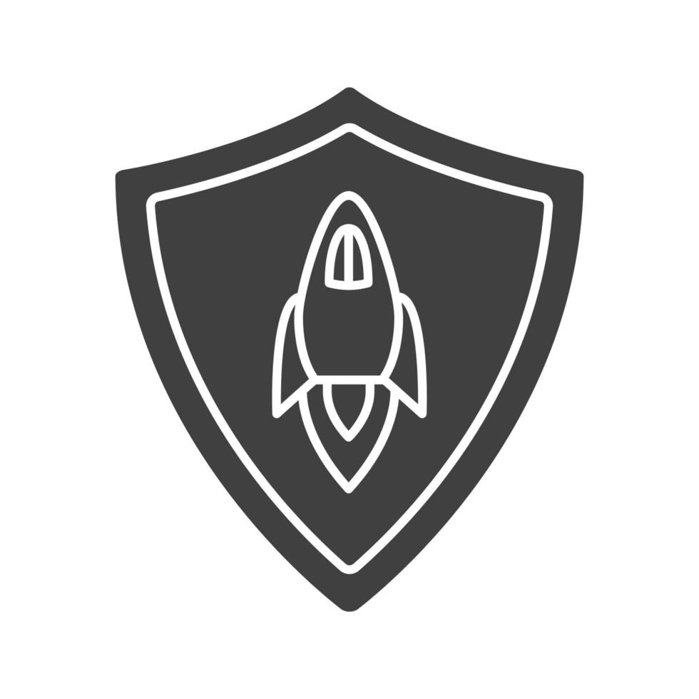 Startup projects protection glyph icon. Silhouette symbol. Security shield with spaceship. Negative space. Vector isolated illustration