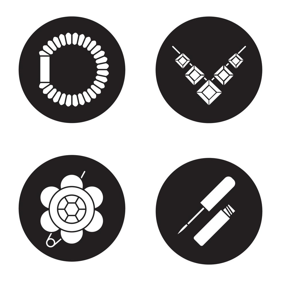 Women's accessories icons set. Brooch, necklace, hair scrunchy, lip gloss. Vector white silhouettes illustrations in black circles