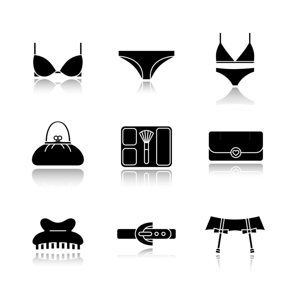 Women's accessories drop shadow black icons set. Underwear garters, bra and panties, clutch, purse, blusher, claw hair clip, leather belt. Isolated vector illustrations