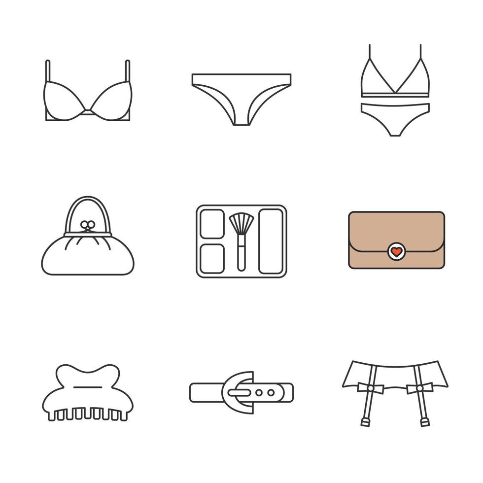 Women's accessories linear icons set. Underwear garters, bra and panties, clutch, purse, blusher, claw hair clip, leather belt. Thin line contour symbols. Isolated vector illustrations