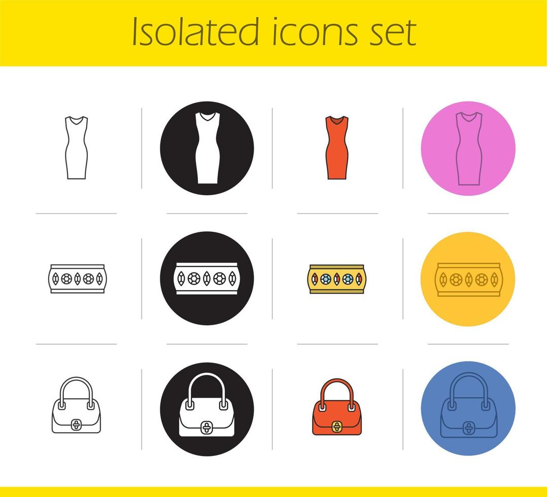 Women's accessories icons set. Linear, black and color styles. Evening dress, bracelet, handbag. Isolated vector illustrations