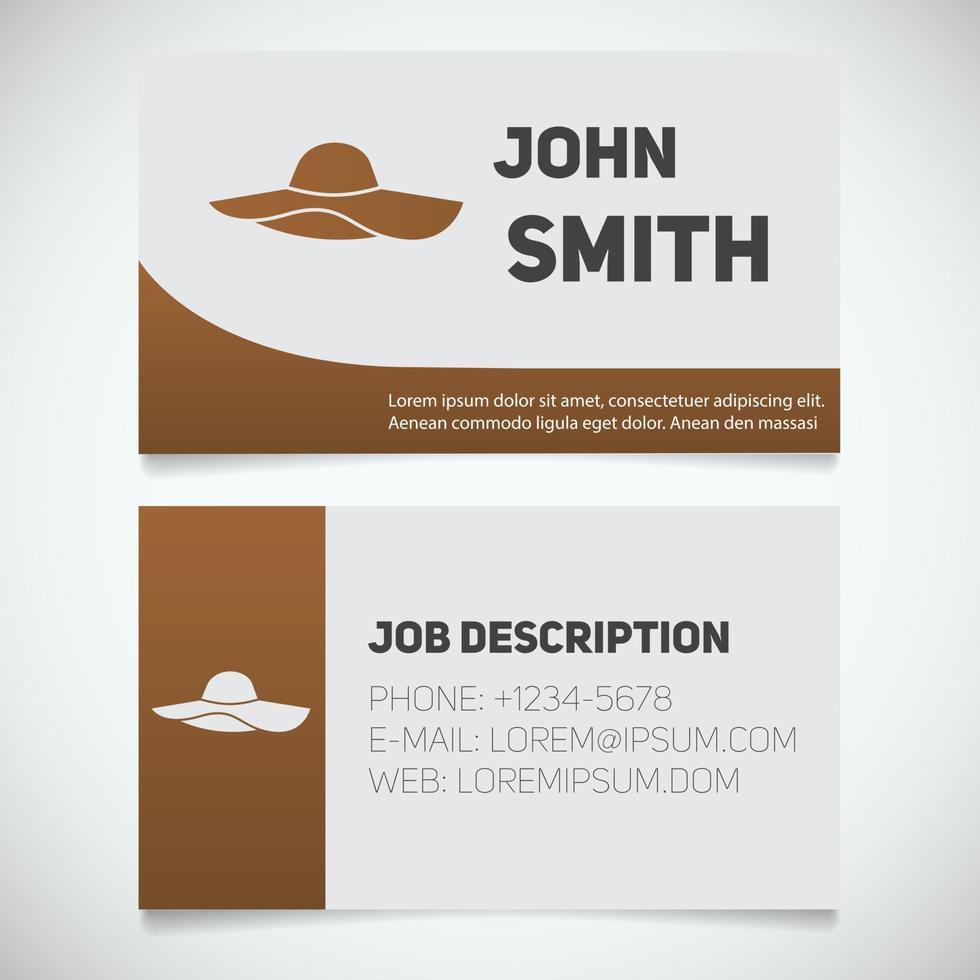 Business card print template with beach hat logo. Women's attire hats shop. Stationery design concept. Vector illustration