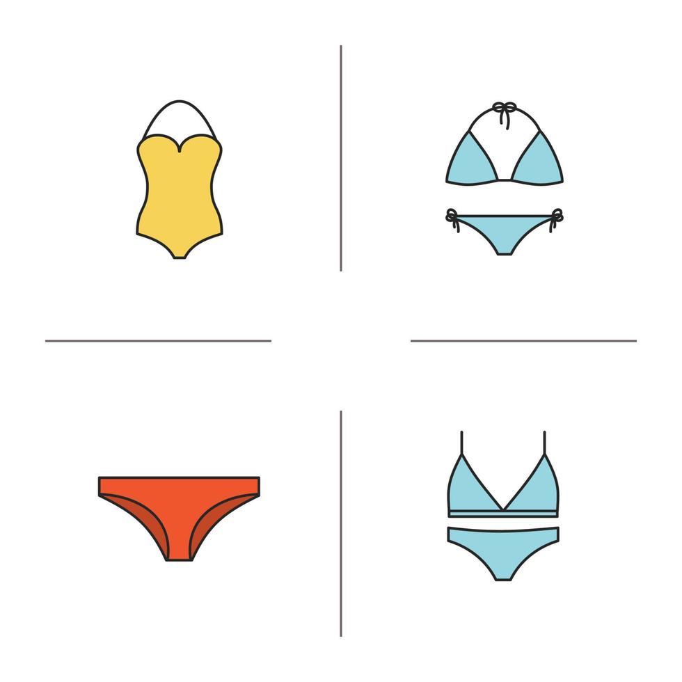 Women's underwear color icons set. Swimsuits, bra and panties. Isolated vector illustrations