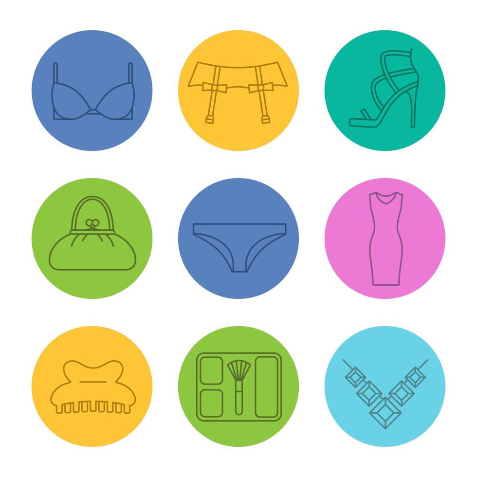 Women's accessories linear icons set. Bra and panties, underwear garters, high heel shoe, purse, evening dress, blusher, necklace. Thin line contour symbols on color circles. Vector illustrations