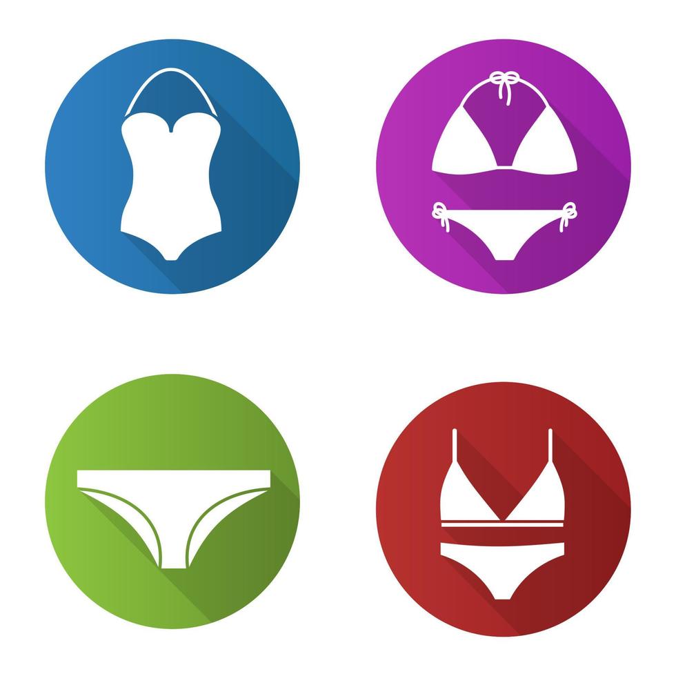 Women's underwear flat design long shadow icons set. Swimsuits, bra and panties. Vector silhouette illustration