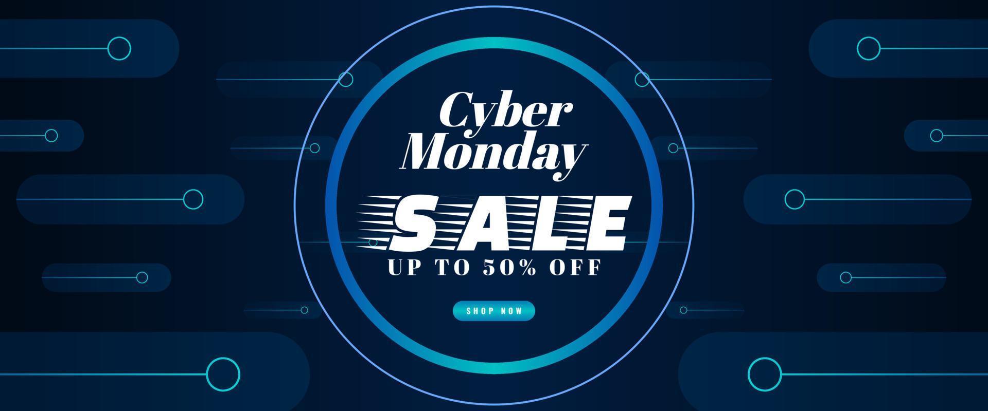 Diseño de plantilla de banner de venta de Cyber Monday con efecto de luz azul sobre fondo oscuro para cartel publicitario o promoción empresarial vector