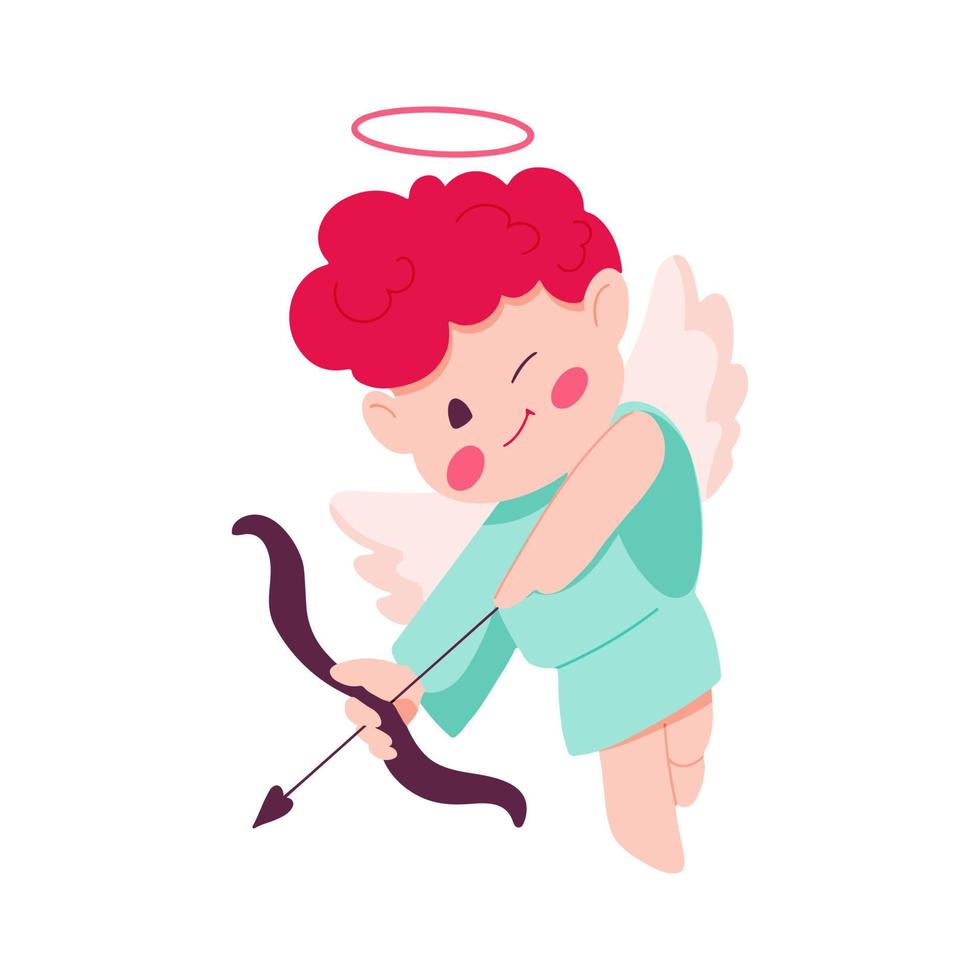 Valentine's day concept with cute cupid shooting a bow. Cupid boy isolated on white background. Vector hand drawn illustration