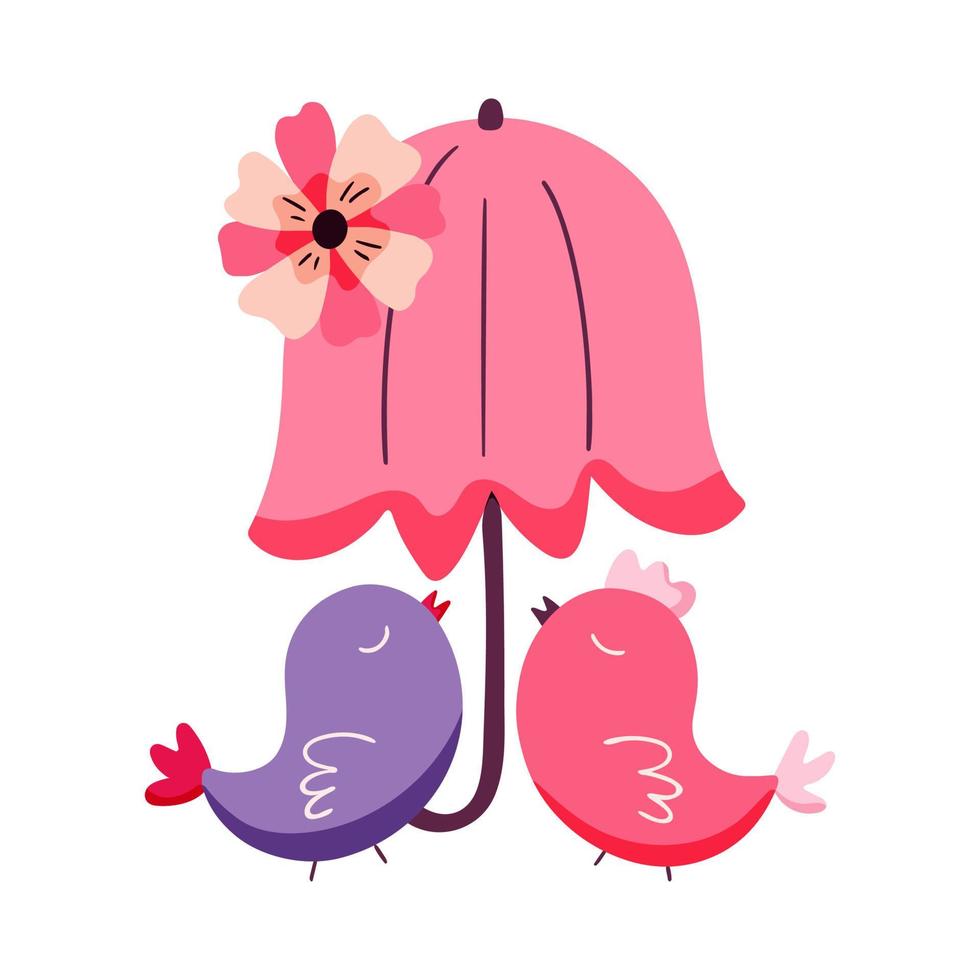 Valentine's day concept with a couple of cute birds under an umbrella. Vector hand drawn illustration