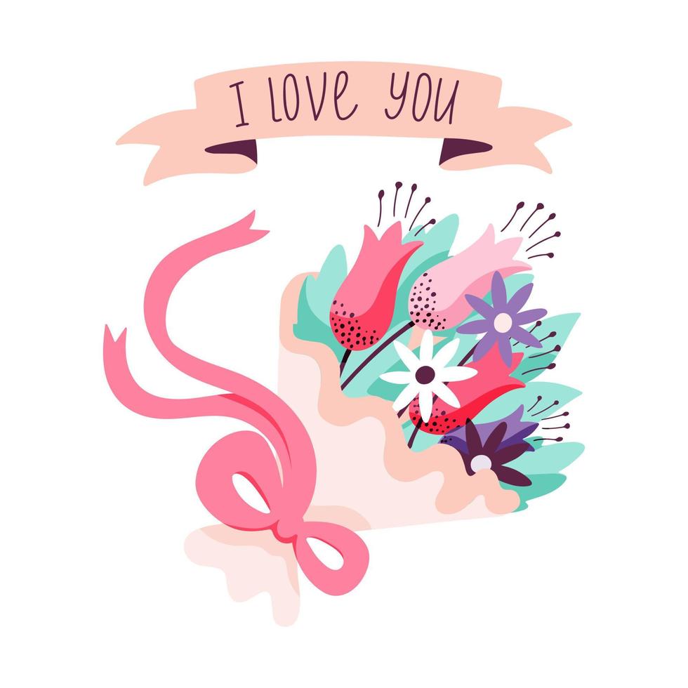 concepto de día de San Valentín con ramo de flores dibujado a mano y letras te amo. vector saludo flor ilustración