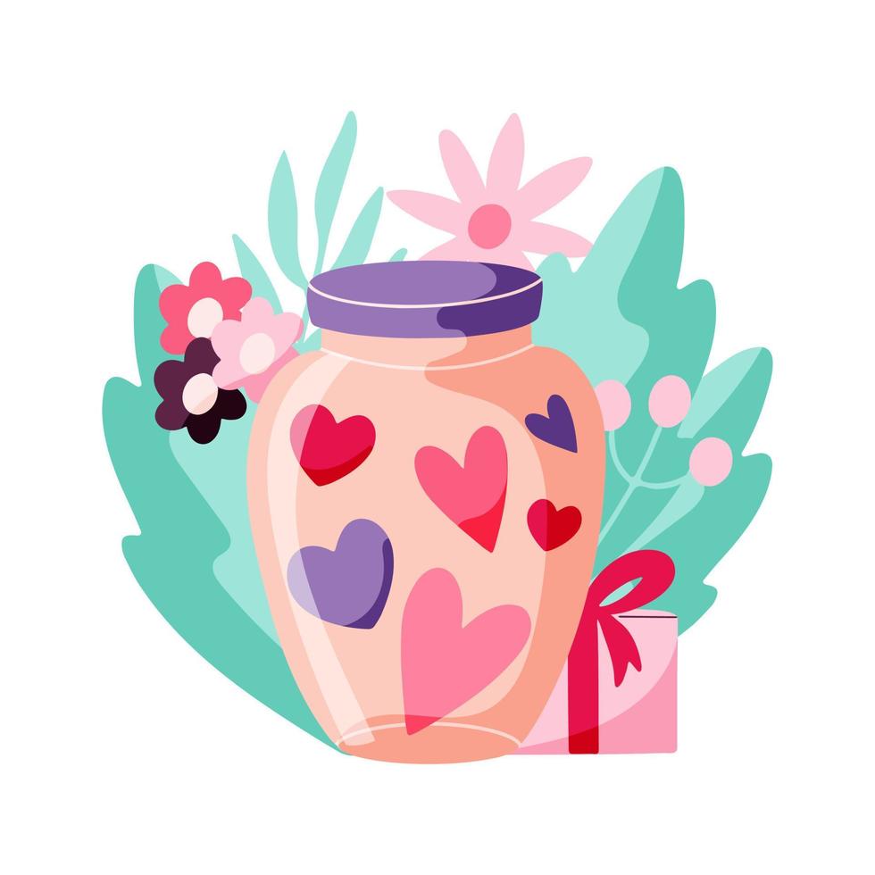 Frasco de vidrio cerrado con corazones, concepto de día de San Valentín con fondo floral. vector dibujado a mano ilustración