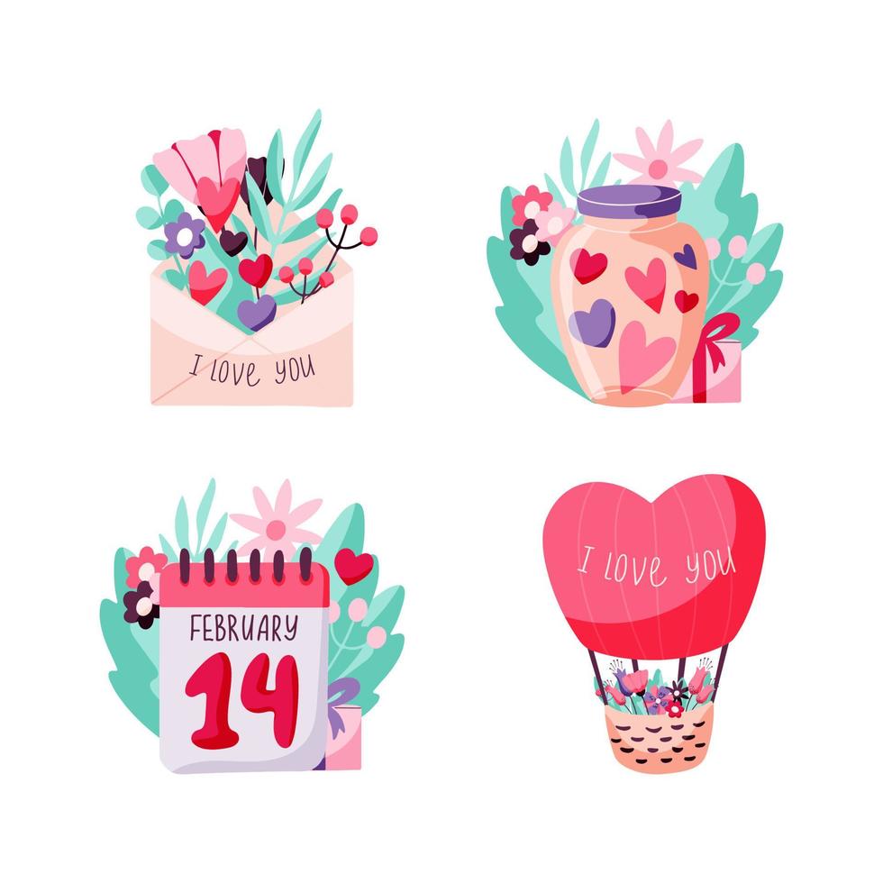 Valentine's Day set of concepts with envelope, flowers, jar of hearts, loose-leaf calendar and hot air balloon. Collection of vector hand drawn illustrations for February 14th