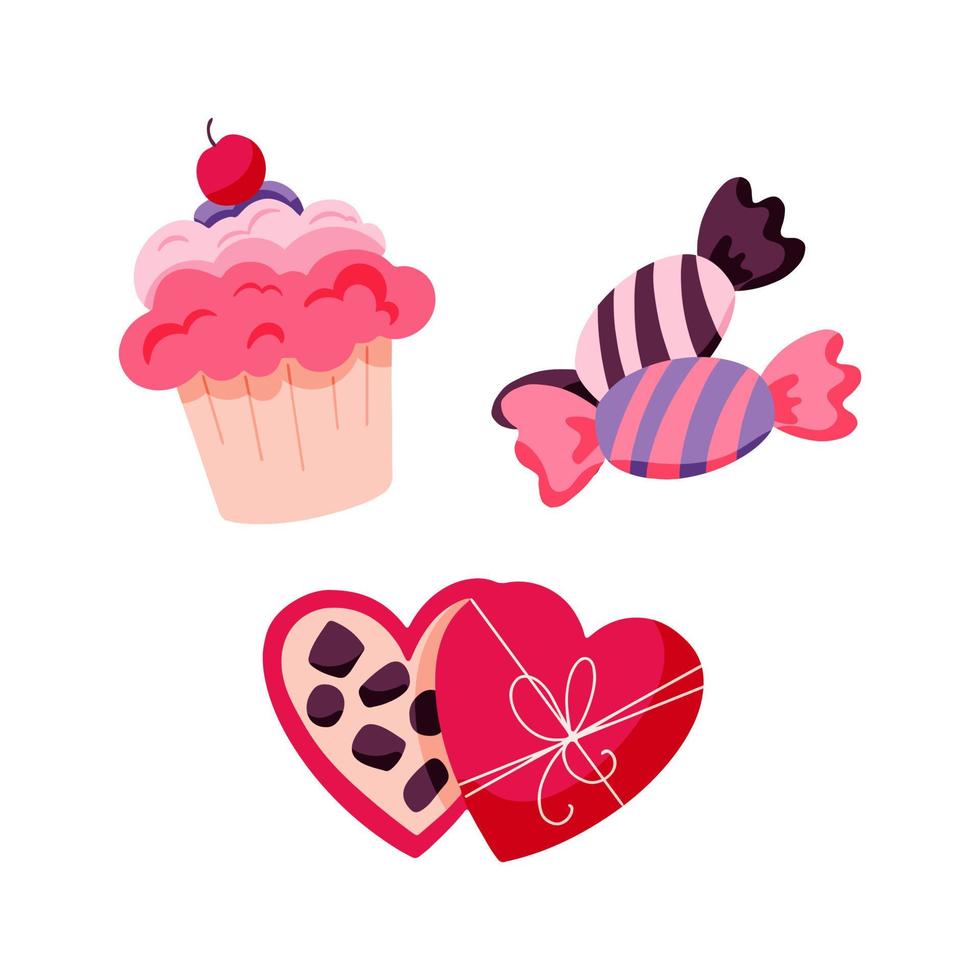 Candy set for Valentine's Day. Vector hand drawn ollustration of candy box, cupcake and sweets. Sweet dessert for February 14