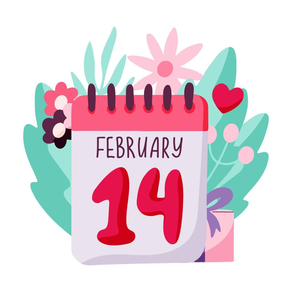 Valentine's day concept with a loose-leaf calendar on a floral background. The 14th of February. Vector hand drawn illustration