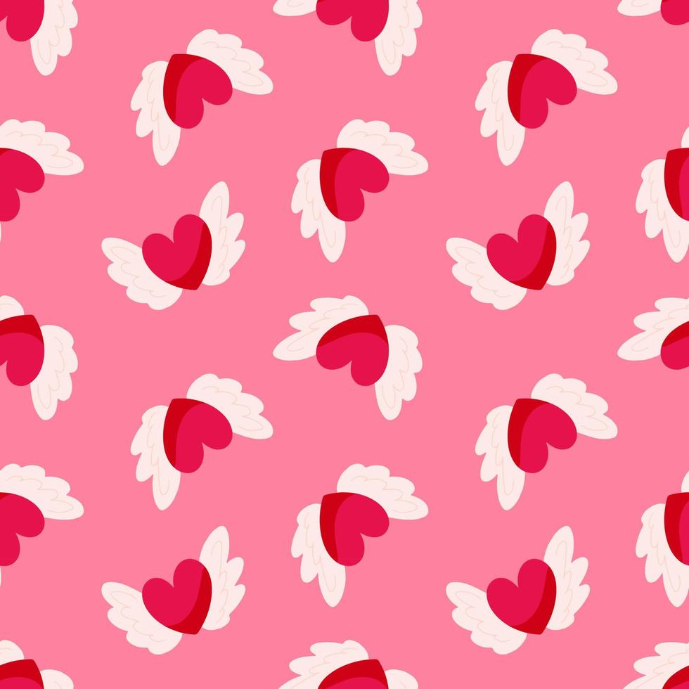 Seamless pattern with red hearts and wings on a pink background. Vector endless texture for Valentine's Day
