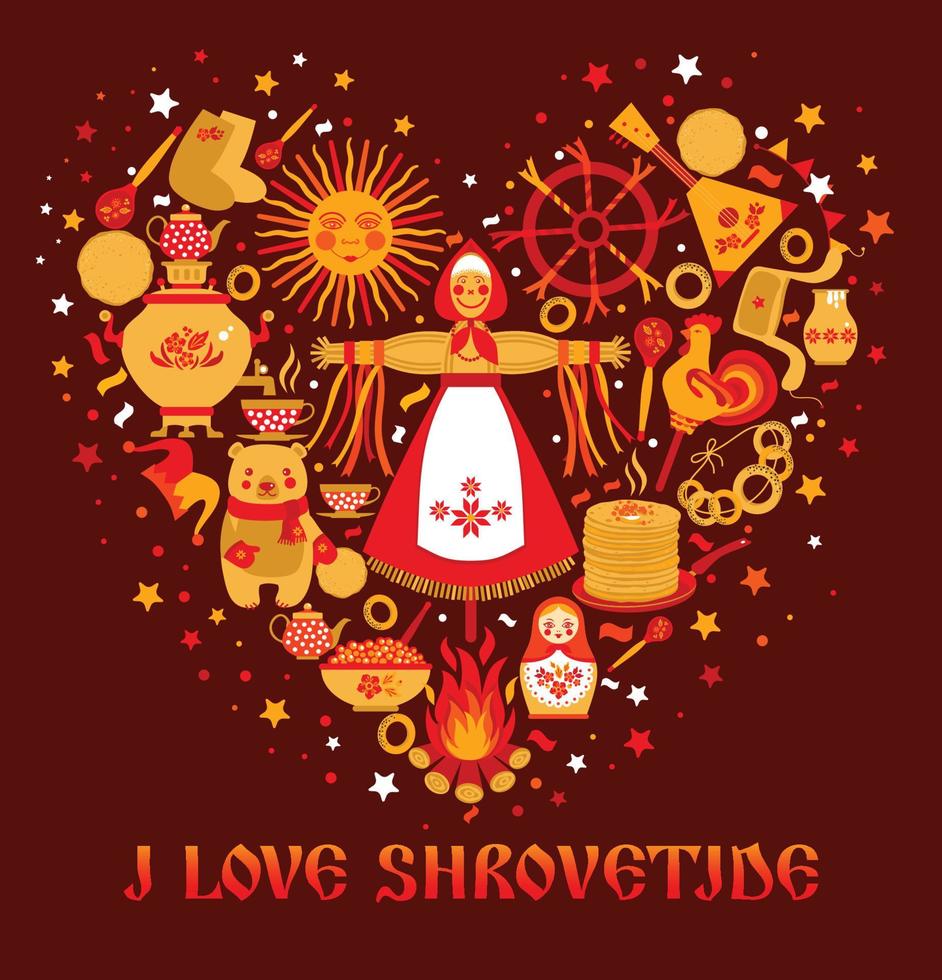 Vector set on the theme of the Russian holiday Carnival. Russian translation I love Shrovetide or Maslenitsa.