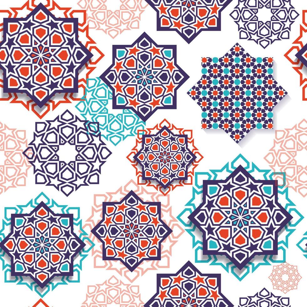 festival gráfico de arte geométrico islámico. decoración de patrones sin fisuras en colores. celebración de eid mubarak. vector