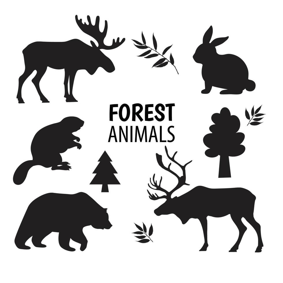 Wild forest animals silhouettes, elements set white isolated. Basis graphics design icons set vector