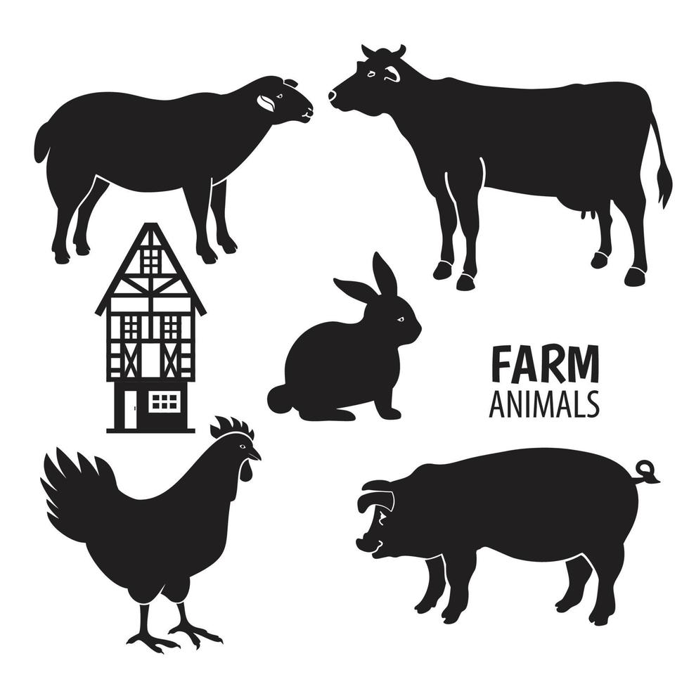 Isolated animals farm on the white background. Farm animals silhouettes. vector