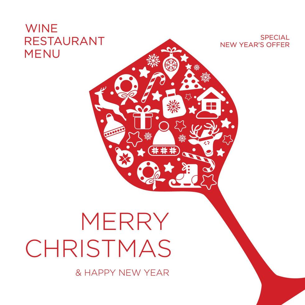 Holiday christmas background with two glasses of wine, new year icon in red glasess. Vector christmas design card.
