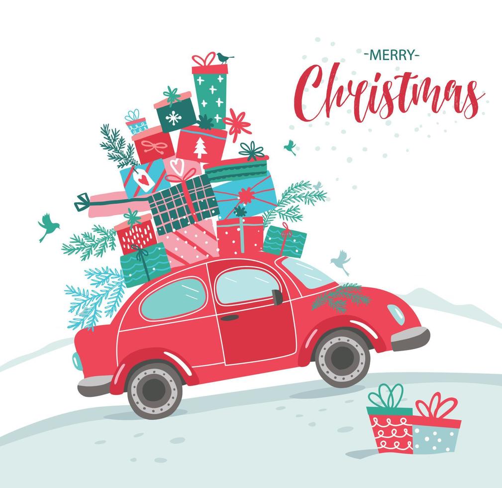 Christmas and new year card with red car and Christmas gifts. Christmas picture. Red pickup. New year illustration delivery service. vector