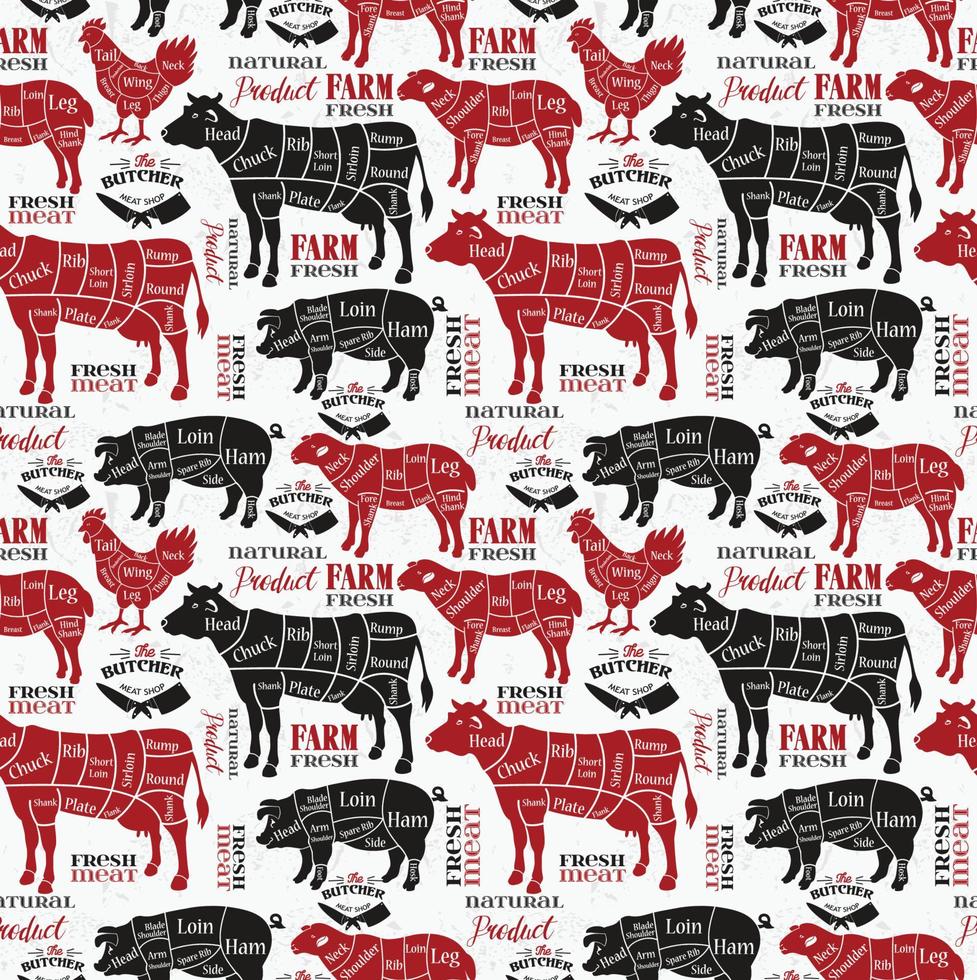 Meat cuts. Diagrams for butcher shop. Animal silhouette. Vector illustration. Seamless pattern.