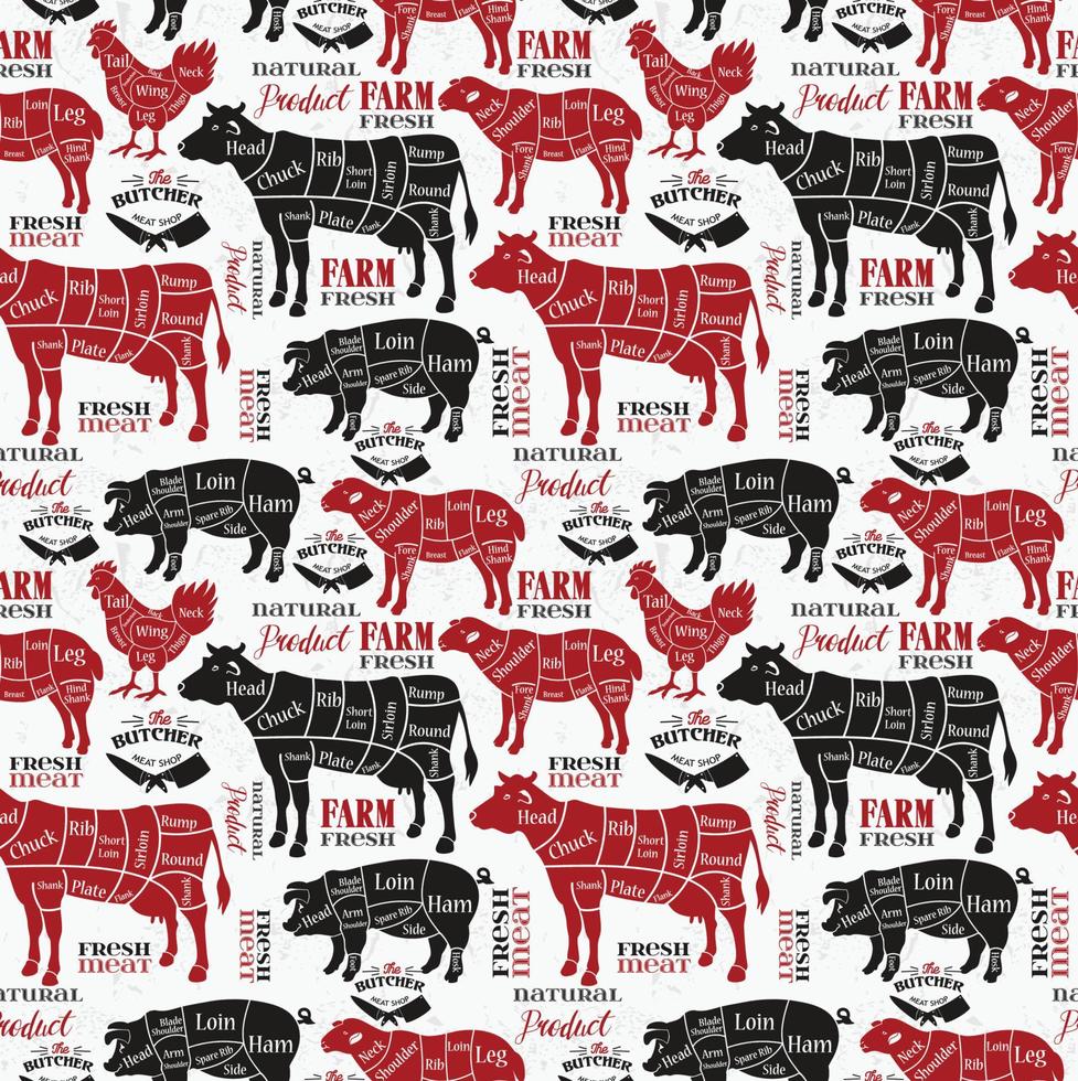 Meat cuts. Diagrams for butcher shop. Animal silhouette. Vector illustration. Seamless pattern.