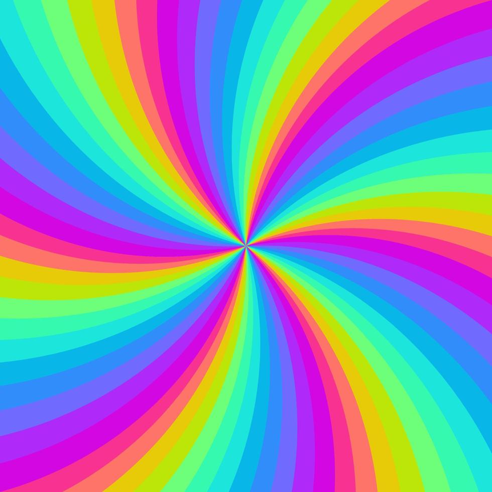 Rainbow neon swirl background. Radial gradient rainbow of twisted spiral. Vector illustration.