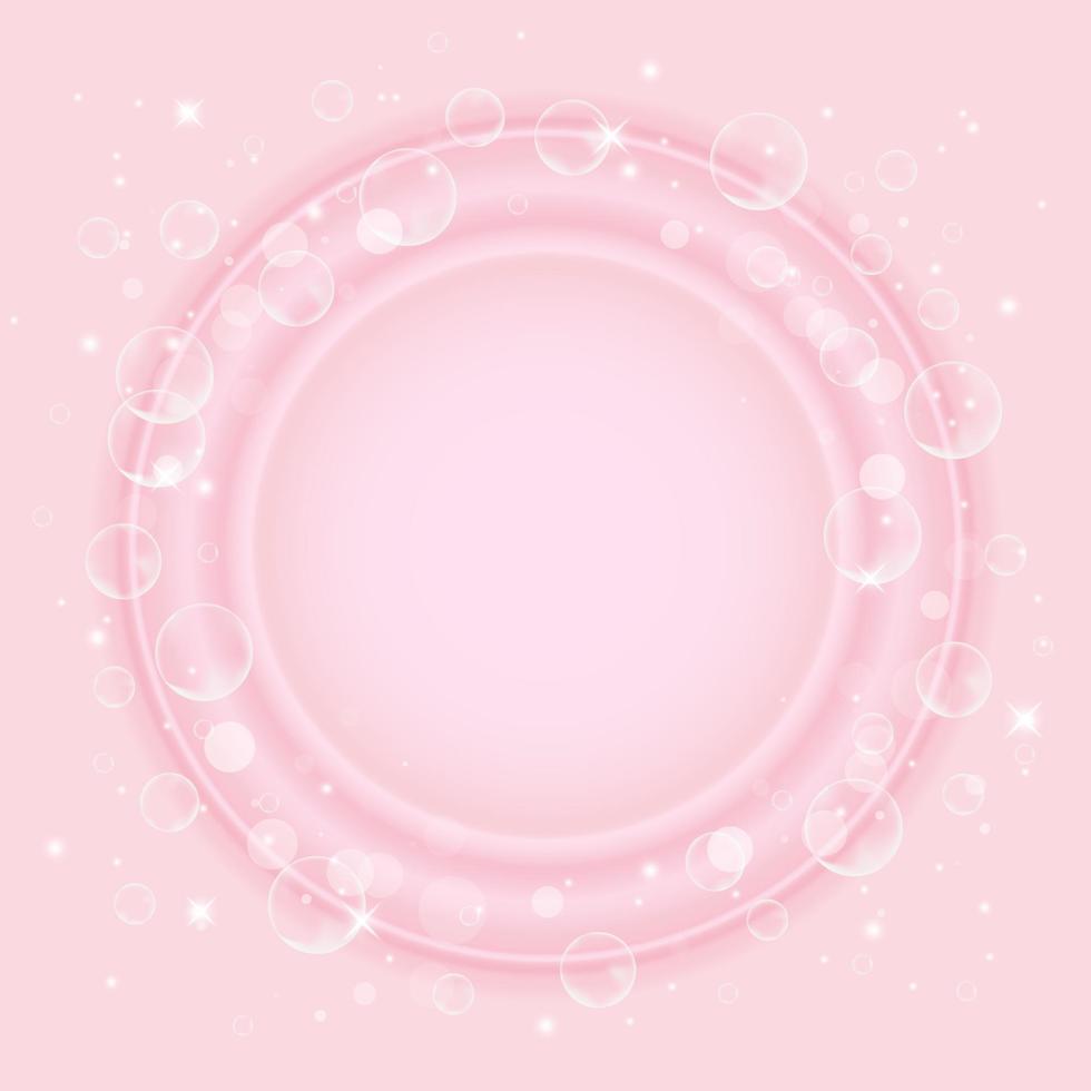 Effervescent soap bubbles frame on pink background. Vector illustration.